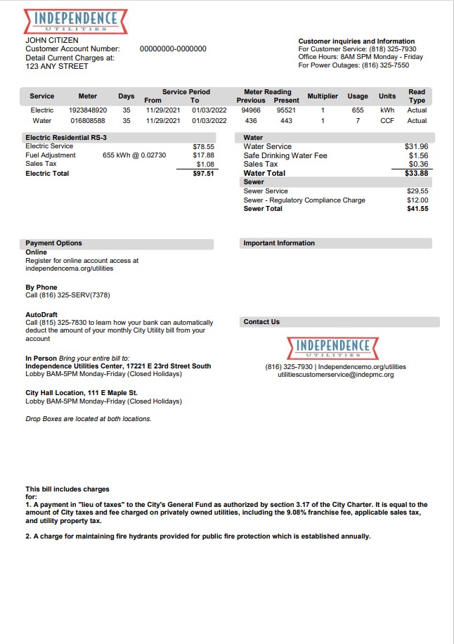 USA Missouri Independence Utilities utility bill template in Word and PDF format, version 2
